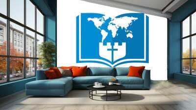 Church logo. Christian symbols. Open bible, world map and cross. Wall mural