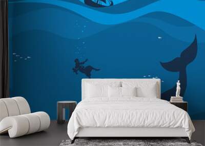 Jonah and the whale. Silhouette, hand drawn Wall mural