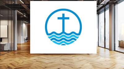 Logo church. Christian symbols. Cross and waves. Jesus - the source of living water. Wall mural