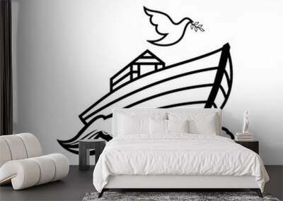 Logo of Noah's Ark. Dove with a branch of olive. Ship to rescue animals and people from the Flood. Biblical illustration. Wall mural