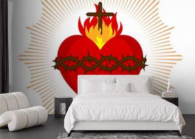 Sacred Heart of Jesus Christ, Lord and Savior of the world. Cross in the flame of the Holy Spirit, crown of thorns and holy blood. Wall mural