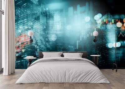 blue city building light and index number and graph of stock market business abstract background Wall mural