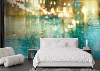 blur light of bar or pub reflection on blue water swimming pool summer party at night background Wall mural