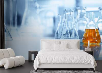 flask and glassware equipment in chemistry science laboratory banner background. Wall mural