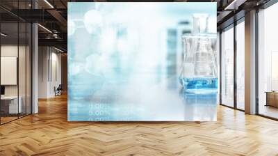 glass beaker with blue solution with soft information and chemistry molecular structure science laboratory blue banner background. Wall mural