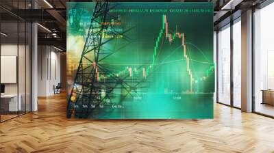 market stock graph and information with city light and electricity and energy facility industry and business background Wall mural