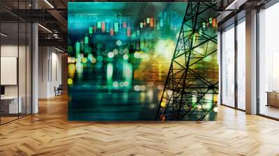 market stock graph and information with city light and electricity and energy facility industry and business banner background Wall mural