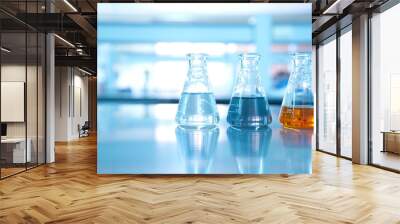 three flask of water black orange solution in science laboratory Wall mural