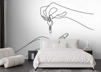 Hand giving the keys to another hand. One line art. The concept of buying or selling real estate. Hand drawn vector illustration. Wall mural