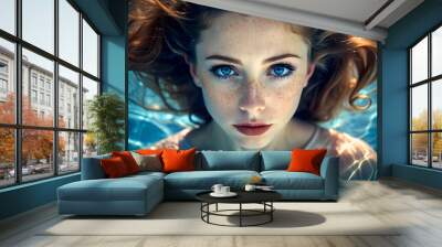 A beautiful young woman with blue eyes floats in the water. Wall mural