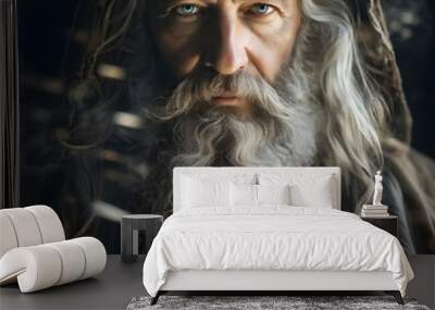 A wise wizard with a flowing beard and robes adorned with intricate runes Wall mural