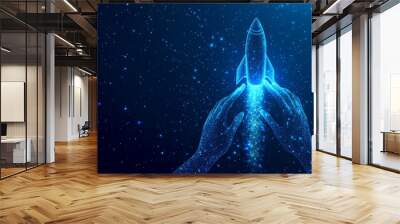 Abstract Hands Interacting with Digital Rocket Hologram: Innovative Launch Concept on Blue Tech Background. Symbolizing Startup Success and Corporate Culture. Minimalist Composition with Elegant Gradi Wall mural