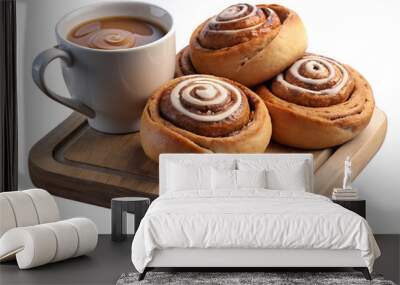 American Cinnamon Rolls Freshly baked cinnamon rolls with cream cheese icing, with a cup of coffee isolated on background Wall mural