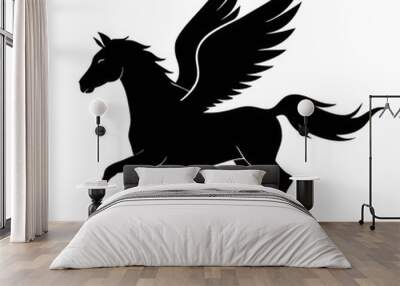 a black and white silhouette of a pegasus, a mythical creature with wings. The horse is in a galloping position, with its body stretched Wall mural