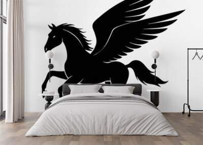 a black and white silhouette of a pegasus, a mythical creature with wings. The horse is in a galloping position, with its body stretched Wall mural