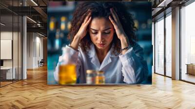 A young Caucasian woman with long brown hair looking stressed and holding her head in her hands while sitting at a desk Wall mural