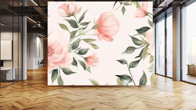 Elegant Watercolor Peony Pattern: Bohemian-Inspired Floral Design for Textile and Background Art. Soft-Hued Asian-Influenced Peonies and Green Leaves on Light Background. Versatile AI-Generated Illust Wall mural