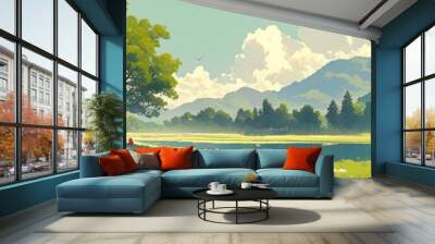 Ethereal Watercolor Mountain Lake Landscape: Dreamy Anime-Inspired Scenery for Spring and Summer. AI-Generated Artistic Composition with Elegant Gradient Textures. Ideal for Nature-Themed Marketing, T Wall mural