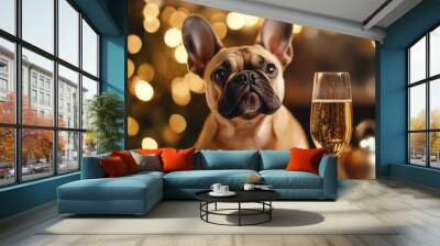 Festive Frenchie: AI-Generated French Bulldog Toasting New Year's Eve with Champagne. Chic Canine Celebration for 2025-2027 NFT Art, Fashion Design, and Holiday Marketing. Versatile Party Animal Conce Wall mural