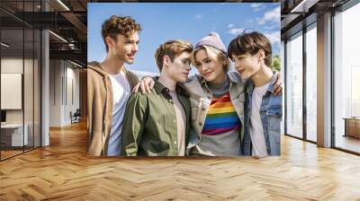 Lifestyle image of a group of lgbtq teenage friends living together with a symbolic flag Wall mural