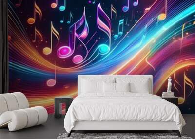 Abstract colorful neon music notes flying through space with glowing lines. Wall mural