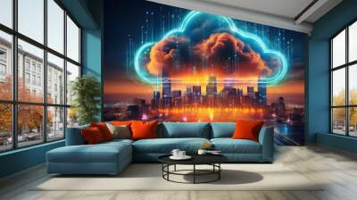 Fiery Cloud Over Digital Cityscape A vibrant cloud computing concept rendered in fiery detail, symbolizing data storage and network connectivity above a futuristic cityscape. Wall mural