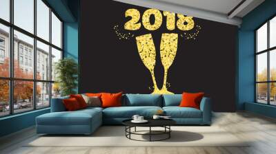 New year champagne glass golden 2018 isolated on black background Wall mural