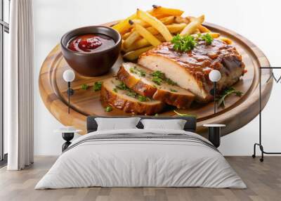 Pork loin in BBQ sauce with French fries and sauces on a round wood plate. transparent background Wall mural