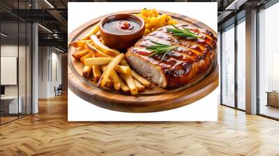 Pork loin in BBQ sauce with French fries and sauces on a round wood plate. transparent background Wall mural