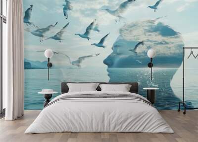 Tranquil Double Exposure: Human Profile Blending with Serene Island Landscape. Artistic Concept of Harmony Between Man and Nature. Meditative Atmosphere with Flying Seagulls. Abstract Marketing Backgr Wall mural