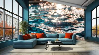 Transparent clear white water surface texture with ripples, splashes and bubbles. Abstract summer Wall mural