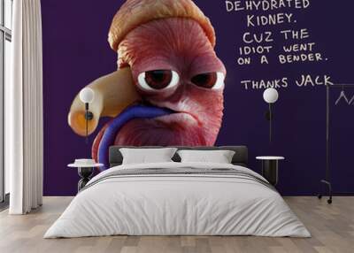 Educational Humorous 3D Graphic with Kurt the Kidney, featuring dehydrated kidney, renal artery, renal vein, adrenal gland, text, ureter, urine, after hangover Wall mural