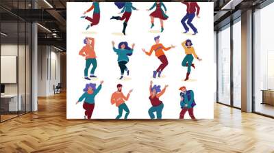 Big set, collection of various people, men and women, slim and chubby dancing and singing happily, flat style vector illustration isolated on white background. Set of dancing people, men and women Wall mural