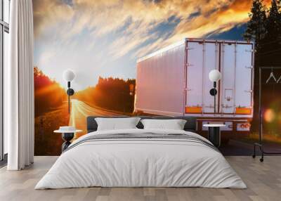 white truck on the asphalt road in the evening Wall mural