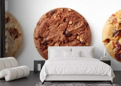 Fresh chocolate chip cookies isolated on white, from above Wall mural