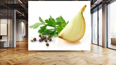 Parsley leaf, onion and black pepper isolated on white Wall mural