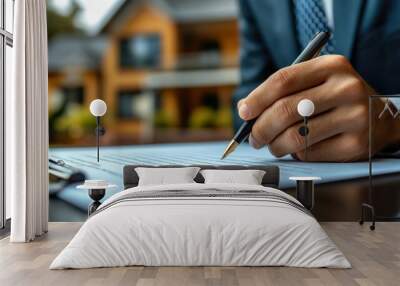 A businessman signs a document with a pen on a wooden table. Wall mural