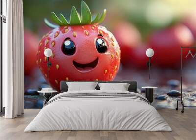 A cartoon strawberry with a big smile sits on a table, with other strawberries behind it out of focus. Wall mural