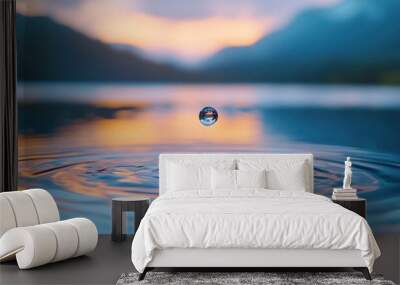 A close-up of a water droplet creating ripples on a serene lake at sunset. Wall mural