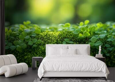 A close-up of lush green moss and small plants in a tranquil, natural setting. Wall mural