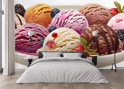 A colorful assortment of ice cream scoops on a plate, showcasing variety. Wall mural