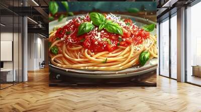 A delicious plate of spaghetti topped with tomato sauce and basil. Wall mural