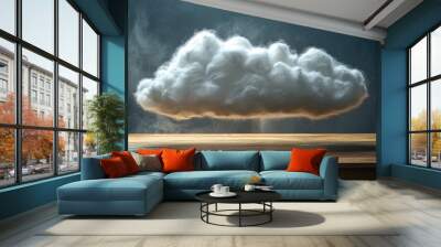 A fluffy white cloud floats above a wooden table, with a subtle smoke effect surrounding it. Wall mural