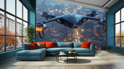 A futuristic drone flying over a cityscape at dusk, showcasing technology. Wall mural