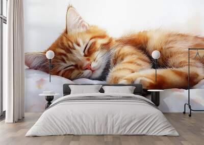 A ginger kitten sleeps peacefully on a white bed. Wall mural