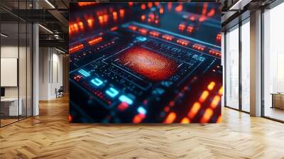 A glowing fingerprint on a futuristic circuit board. Wall mural