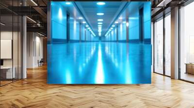 A long, empty hallway with blue lighting and a shiny floor. Wall mural