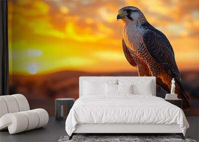 A majestic falcon perched on a rock with a golden sunset in the background. Wall mural