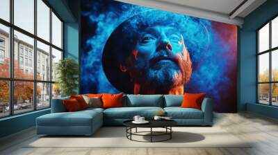 A man with a beard and hat looking up at a blue light surrounded by smoke. Wall mural