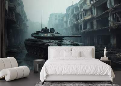 A military tank sits in the middle of a destroyed city street with rubble and debris surrounding it, creating a stark image of the aftermath of war. Wall mural